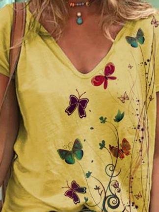 Butterfly Print Short-sleeved V-neck T-shirt - T-shirts - INS | Online Fashion Free Shipping Clothing, Dresses, Tops, Shoes - 10-20 - 22/06/2021 - color-blue