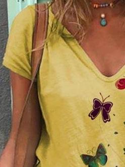 Butterfly Print Short-sleeved V-neck T-shirt - T-shirts - INS | Online Fashion Free Shipping Clothing, Dresses, Tops, Shoes - 10-20 - 22/06/2021 - color-blue