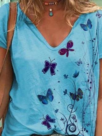 Butterfly Print Short-sleeved V-neck T-shirt - T-shirts - INS | Online Fashion Free Shipping Clothing, Dresses, Tops, Shoes - 10-20 - 22/06/2021 - color-blue