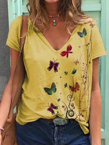 Butterfly Print Short-sleeved V-neck T-shirt - T-shirts - INS | Online Fashion Free Shipping Clothing, Dresses, Tops, Shoes - 10-20 - 22/06/2021 - color-blue