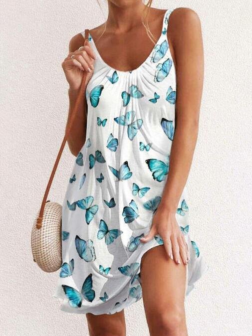Butterfly Print Slim Beach Suspender Dress - Midi Dress - INS | Online Fashion Free Shipping Clothing, Dresses, Tops, Shoes - 15/03/2021 - 2XL - Beach