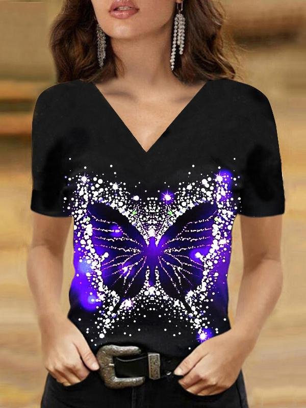 Butterfly Print V-neck T-shirt - T-shirts - INS | Online Fashion Free Shipping Clothing, Dresses, Tops, Shoes - 08/07/2021 - 10-20 - color-black