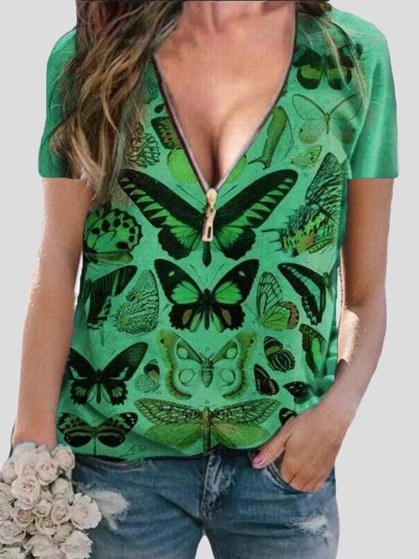 Butterfly Print Zipper V-neck Pullover Top - T-Shirts - INS | Online Fashion Free Shipping Clothing, Dresses, Tops, Shoes - 03/07/2021 - 10-20 - color-blue