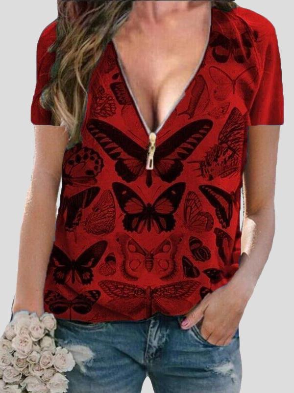 Butterfly Print Zipper V-neck Pullover Top - T-Shirts - INS | Online Fashion Free Shipping Clothing, Dresses, Tops, Shoes - 03/07/2021 - 10-20 - color-blue