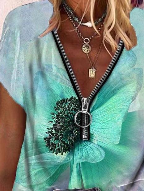 Butterfly Print Zipper V-neck Short Sleeve T-shirt - T-Shirts - INS | Online Fashion Free Shipping Clothing, Dresses, Tops, Shoes - 08/06/2021 - Category_T-Shirts - Color_Blue