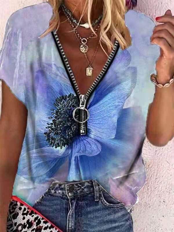Butterfly Print Zipper V-neck Short Sleeve T-shirt - T-Shirts - INS | Online Fashion Free Shipping Clothing, Dresses, Tops, Shoes - 08/06/2021 - Category_T-Shirts - Color_Blue
