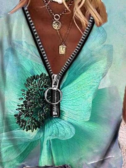 Butterfly Print Zipper V-neck Short Sleeve T-shirt - T-Shirts - INS | Online Fashion Free Shipping Clothing, Dresses, Tops, Shoes - 08/06/2021 - Category_T-Shirts - Color_Blue