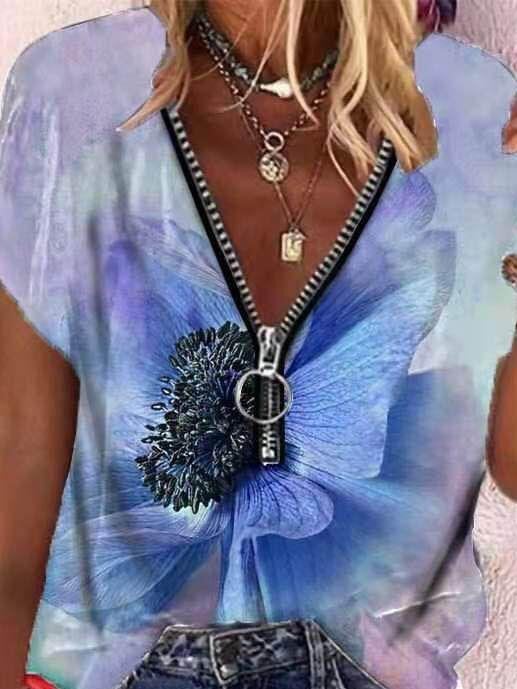 Butterfly Print Zipper V-neck Short Sleeve T-shirt - T-Shirts - INS | Online Fashion Free Shipping Clothing, Dresses, Tops, Shoes - 08/06/2021 - Category_T-Shirts - Color_Blue