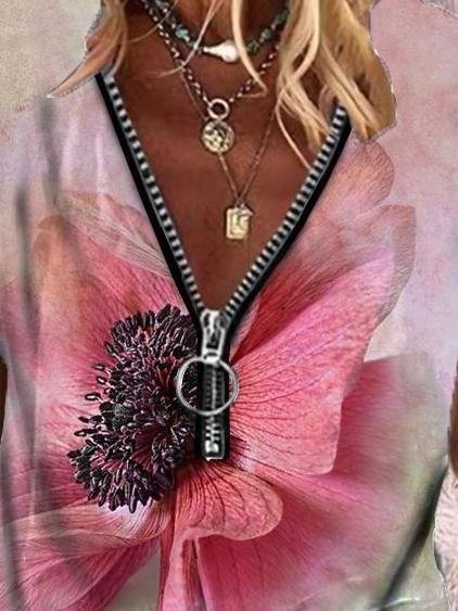 Butterfly Print Zipper V-neck Short Sleeve T-shirt - T-Shirts - INS | Online Fashion Free Shipping Clothing, Dresses, Tops, Shoes - 08/06/2021 - Category_T-Shirts - Color_Blue