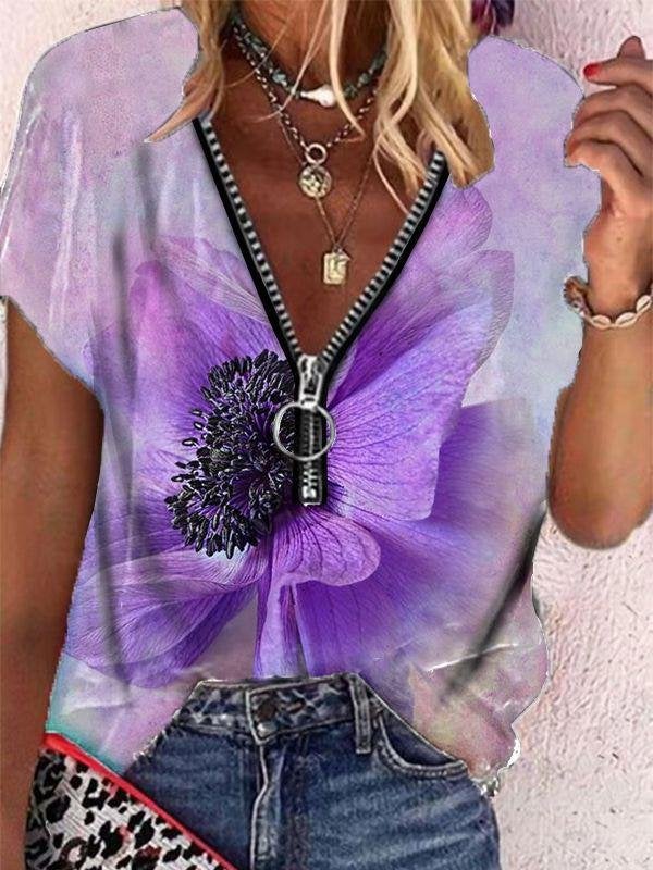 Butterfly Print Zipper V-neck Short Sleeve T-shirt - T-Shirts - INS | Online Fashion Free Shipping Clothing, Dresses, Tops, Shoes - 08/06/2021 - Category_T-Shirts - Color_Blue