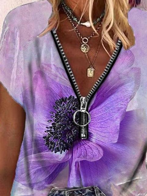 Butterfly Print Zipper V-neck Short Sleeve T-shirt - T-Shirts - INS | Online Fashion Free Shipping Clothing, Dresses, Tops, Shoes - 08/06/2021 - Category_T-Shirts - Color_Blue