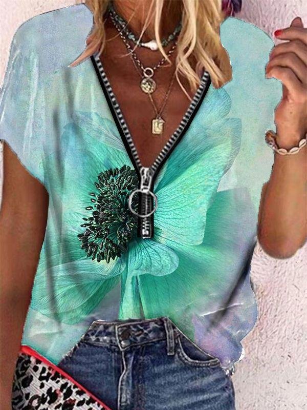 Butterfly Print Zipper V-neck Short Sleeve T-shirt - T-Shirts - INS | Online Fashion Free Shipping Clothing, Dresses, Tops, Shoes - 08/06/2021 - Category_T-Shirts - Color_Blue