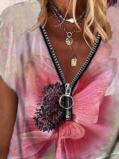 Butterfly Print Zipper V-neck Short Sleeve T-shirt - T-Shirts - INS | Online Fashion Free Shipping Clothing, Dresses, Tops, Shoes - 08/06/2021 - Category_T-Shirts - Color_Blue