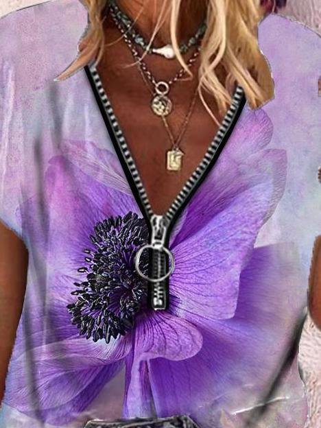 Butterfly Print Zipper V-neck Short Sleeve T-shirt - T-Shirts - INS | Online Fashion Free Shipping Clothing, Dresses, Tops, Shoes - 08/06/2021 - Category_T-Shirts - Color_Blue