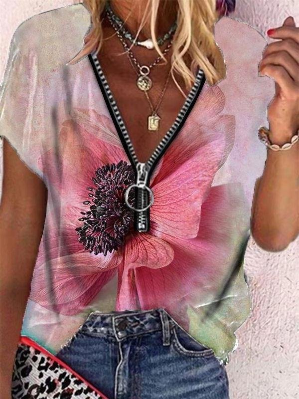 Butterfly Print Zipper V-neck Short Sleeve T-shirt - T-Shirts - INS | Online Fashion Free Shipping Clothing, Dresses, Tops, Shoes - 08/06/2021 - Category_T-Shirts - Color_Blue