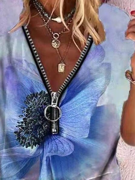 Butterfly Print Zipper V-neck Short Sleeve T-shirt - T-Shirts - INS | Online Fashion Free Shipping Clothing, Dresses, Tops, Shoes - 08/06/2021 - Category_T-Shirts - Color_Blue