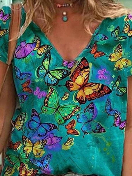 Butterfly Printed V-neck Short-sleeved T-shirt - T-shirts - INS | Online Fashion Free Shipping Clothing, Dresses, Tops, Shoes - 10-20 - color-blue - color-green