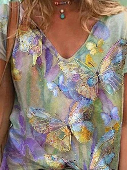 Butterfly Printed V-neck Short-sleeved T-shirt - T-shirts - INS | Online Fashion Free Shipping Clothing, Dresses, Tops, Shoes - 10-20 - color-blue - color-green