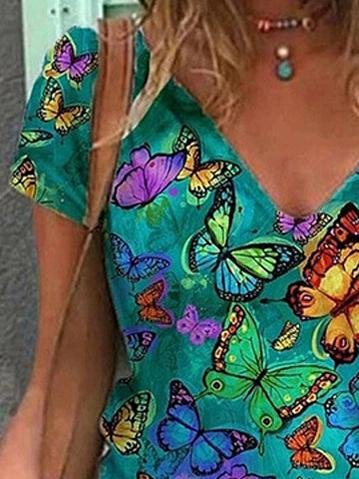 Butterfly Printed V-neck Short-sleeved T-shirt - T-shirts - INS | Online Fashion Free Shipping Clothing, Dresses, Tops, Shoes - 10-20 - color-blue - color-green