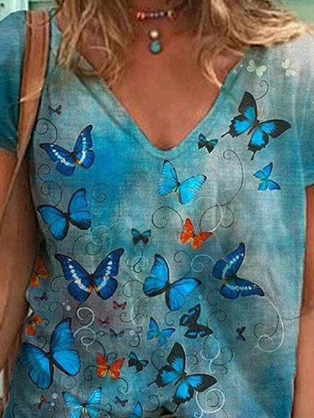 Butterfly Printed V-neck Short-sleeved T-shirt - T-shirts - INS | Online Fashion Free Shipping Clothing, Dresses, Tops, Shoes - 10-20 - color-blue - color-green
