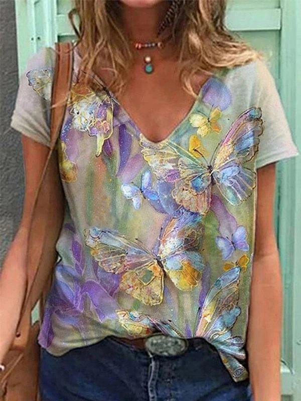 Butterfly Printed V-neck Short-sleeved T-shirt - T-shirts - INS | Online Fashion Free Shipping Clothing, Dresses, Tops, Shoes - 10-20 - color-blue - color-green