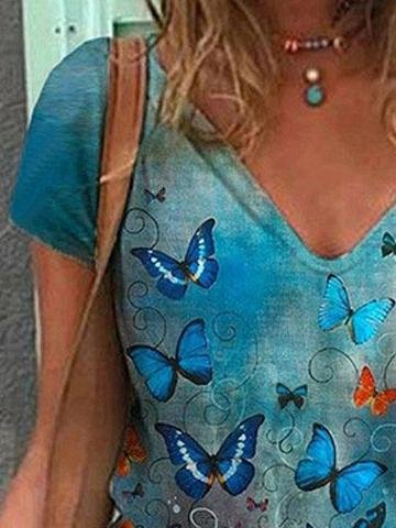 Butterfly Printed V-neck Short-sleeved T-shirt - T-shirts - INS | Online Fashion Free Shipping Clothing, Dresses, Tops, Shoes - 10-20 - color-blue - color-green