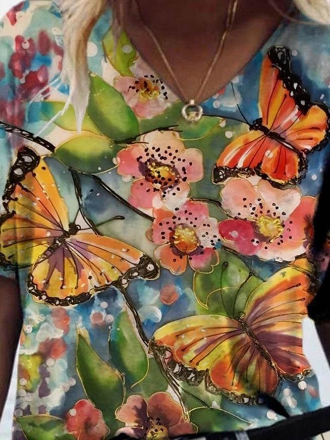 Butterfly Printed V-neck T-shirt - T-shirts - INS | Online Fashion Free Shipping Clothing, Dresses, Tops, Shoes - 08/06/2021 - Color_Blue - Color_Brown
