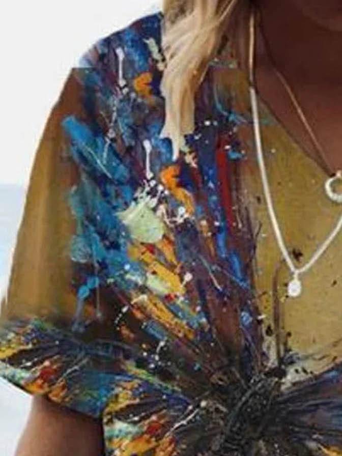 Butterfly Printed V-neck T-shirt - T-shirts - INS | Online Fashion Free Shipping Clothing, Dresses, Tops, Shoes - 08/06/2021 - Color_Blue - Color_Brown