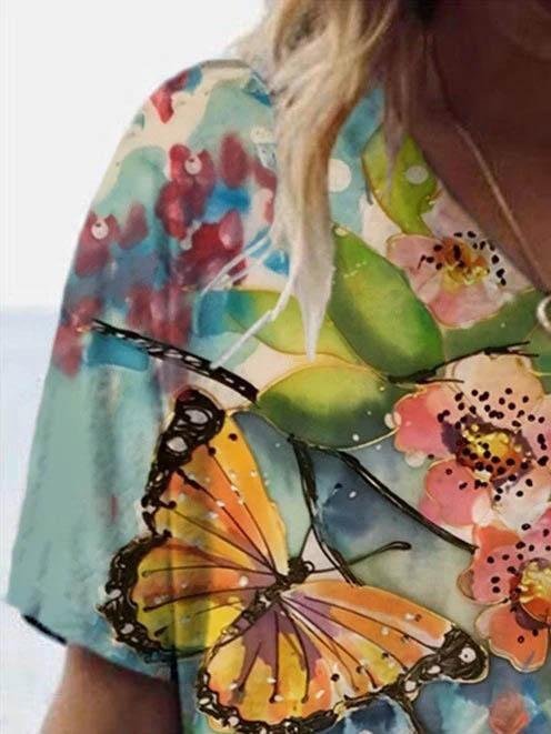 Butterfly Printed V-neck T-shirt - T-shirts - INS | Online Fashion Free Shipping Clothing, Dresses, Tops, Shoes - 08/06/2021 - Color_Blue - Color_Brown
