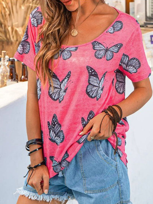 Butterfly Vintage Short Sleeve Round Neck Casual T-shirt - T-shirts - INS | Online Fashion Free Shipping Clothing, Dresses, Tops, Shoes - 10-20 - 15/07/2021 - color-pink