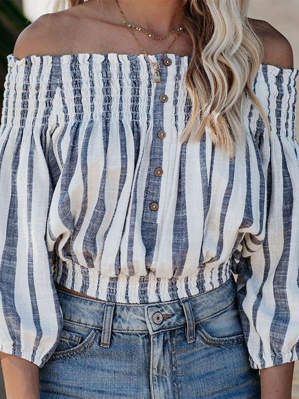 Button One Word Shoulder Lantern Sleeve Stripe Blouse - Blouses - INS | Online Fashion Free Shipping Clothing, Dresses, Tops, Shoes - 23/04/2021 - BLO210419215 - Blouses