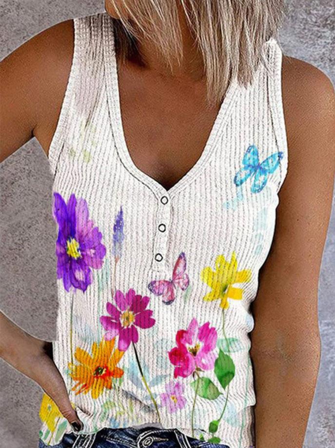 Button Print V-neck Sleeveless Tank Top - Tanks - INS | Online Fashion Free Shipping Clothing, Dresses, Tops, Shoes - 04/06/2021 - Category_Tanks - Color_White