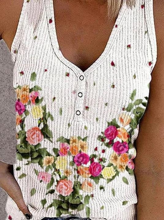 Button Print V-neck Sleeveless Tank Top - Tanks - INS | Online Fashion Free Shipping Clothing, Dresses, Tops, Shoes - 04/06/2021 - Category_Tanks - Color_White