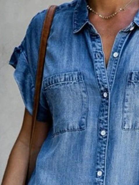 Button Short Sleeve Denim Shirt Dress - Midi Dresses - INS | Online Fashion Free Shipping Clothing, Dresses, Tops, Shoes - 07/06/2021 - Category_Midi Dresses - Color_Blue