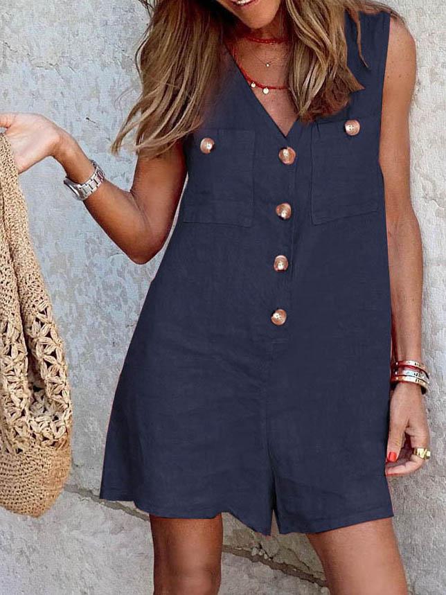 Buttoned Cardigan V-neck Jumpsuit - Jumpsuits - INS | Online Fashion Free Shipping Clothing, Dresses, Tops, Shoes - 11/06/2021 - Bottoms - Color_Blue