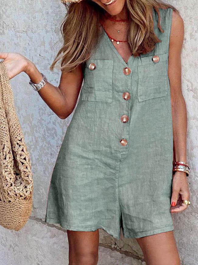 Buttoned Cardigan V-neck Jumpsuit - Jumpsuits - INS | Online Fashion Free Shipping Clothing, Dresses, Tops, Shoes - 11/06/2021 - Bottoms - Color_Blue