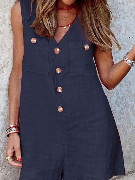 Buttoned Cardigan V-neck Jumpsuit - Jumpsuits - INS | Online Fashion Free Shipping Clothing, Dresses, Tops, Shoes - 11/06/2021 - Bottoms - Color_Blue