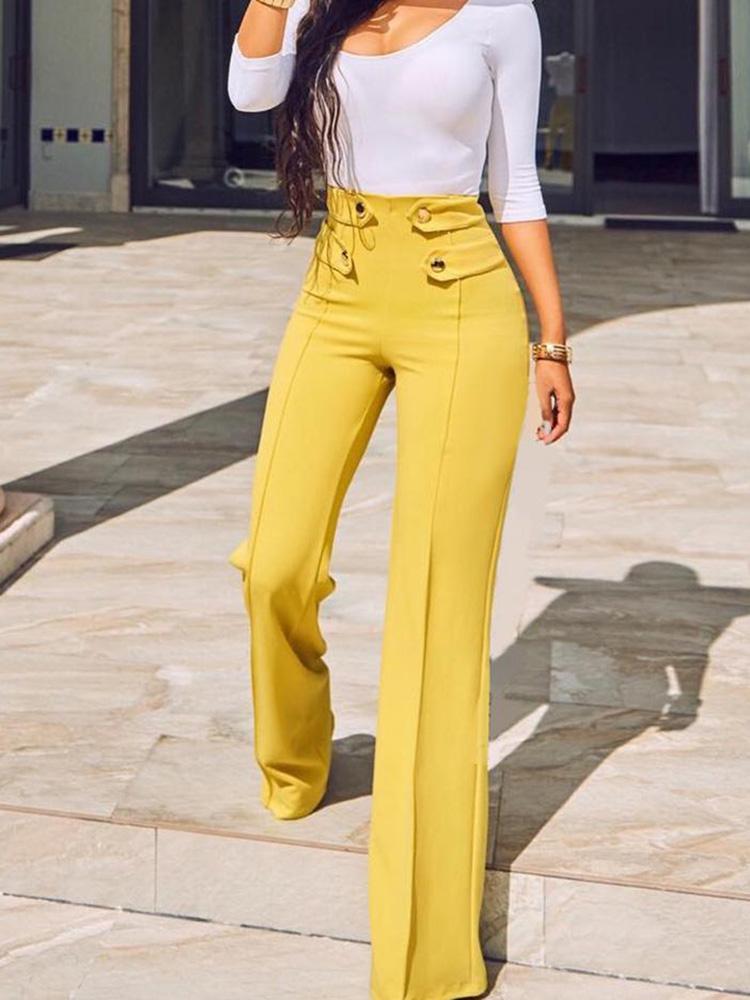 Buttoned High Waist Wide Leg Tailored Pants - Pants - INS | Online Fashion Free Shipping Clothing, Dresses, Tops, Shoes - 04/05/2021 - Category_Pants - Color_Yellow