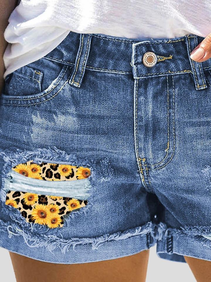 Camouflage Sunflower Ripped Patch Jeans Shorts - Denim Shorts - INS | Online Fashion Free Shipping Clothing, Dresses, Tops, Shoes - 20-30 - 29/06/2021 - Bottom