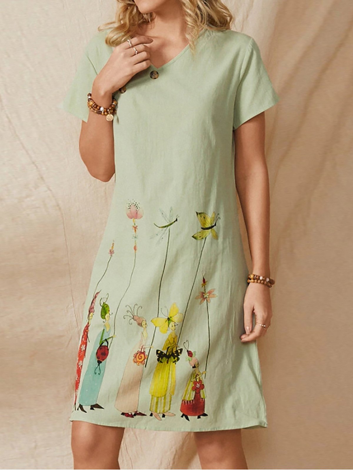 Cartoon Flower Print Button V-Neck Short Sleeve Dress - Mini Dresses - INS | Online Fashion Free Shipping Clothing, Dresses, Tops, Shoes - 19/06/2021 - 20-30 - Category_Mini Dresses