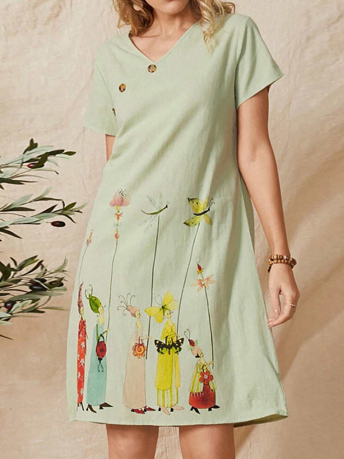 Cartoon Flower Print Button V-Neck Short Sleeve Dress - Mini Dresses - INS | Online Fashion Free Shipping Clothing, Dresses, Tops, Shoes - 19/06/2021 - 20-30 - Category_Mini Dresses