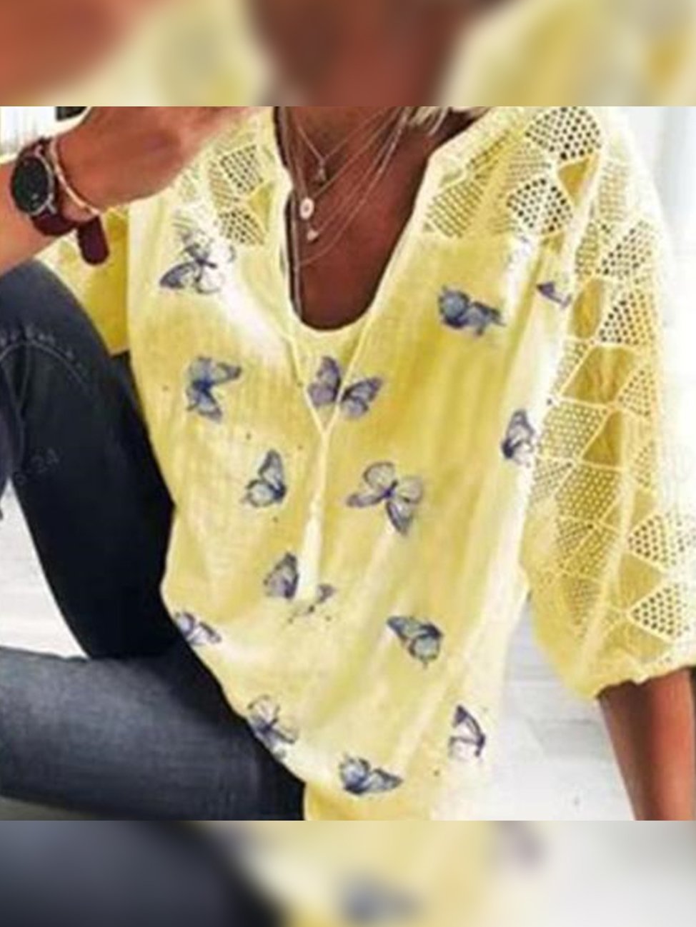 Casual Butterfly Printed Round Neck 3/4 Sleeve T-shirt - T-shirts - INS | Online Fashion Free Shipping Clothing, Dresses, Tops, Shoes - 18/05/2021 - Color_Sky Blue - Color_White