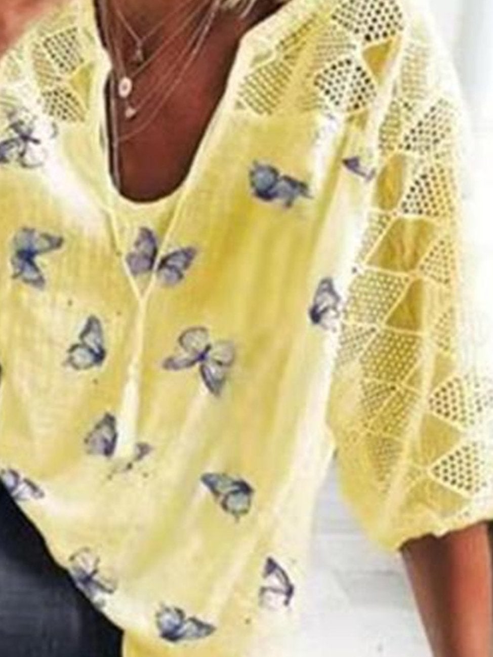 Casual Butterfly Printed Round Neck 3/4 Sleeve T-shirt - T-shirts - INS | Online Fashion Free Shipping Clothing, Dresses, Tops, Shoes - 18/05/2021 - Color_Sky Blue - Color_White