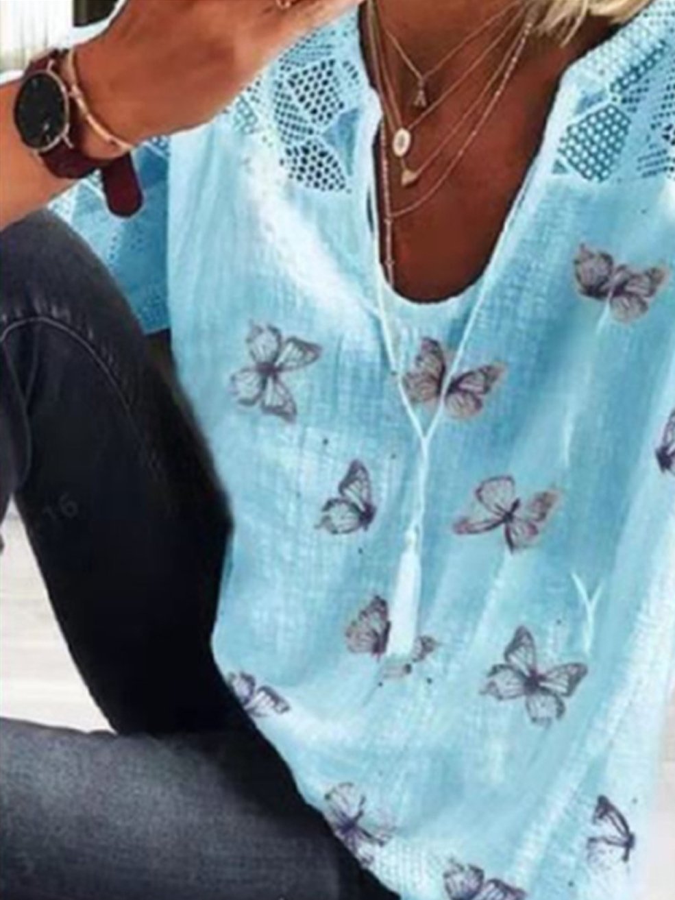 Casual Butterfly Printed Round Neck 3/4 Sleeve T-shirt - T-shirts - INS | Online Fashion Free Shipping Clothing, Dresses, Tops, Shoes - 18/05/2021 - Color_Sky Blue - Color_White