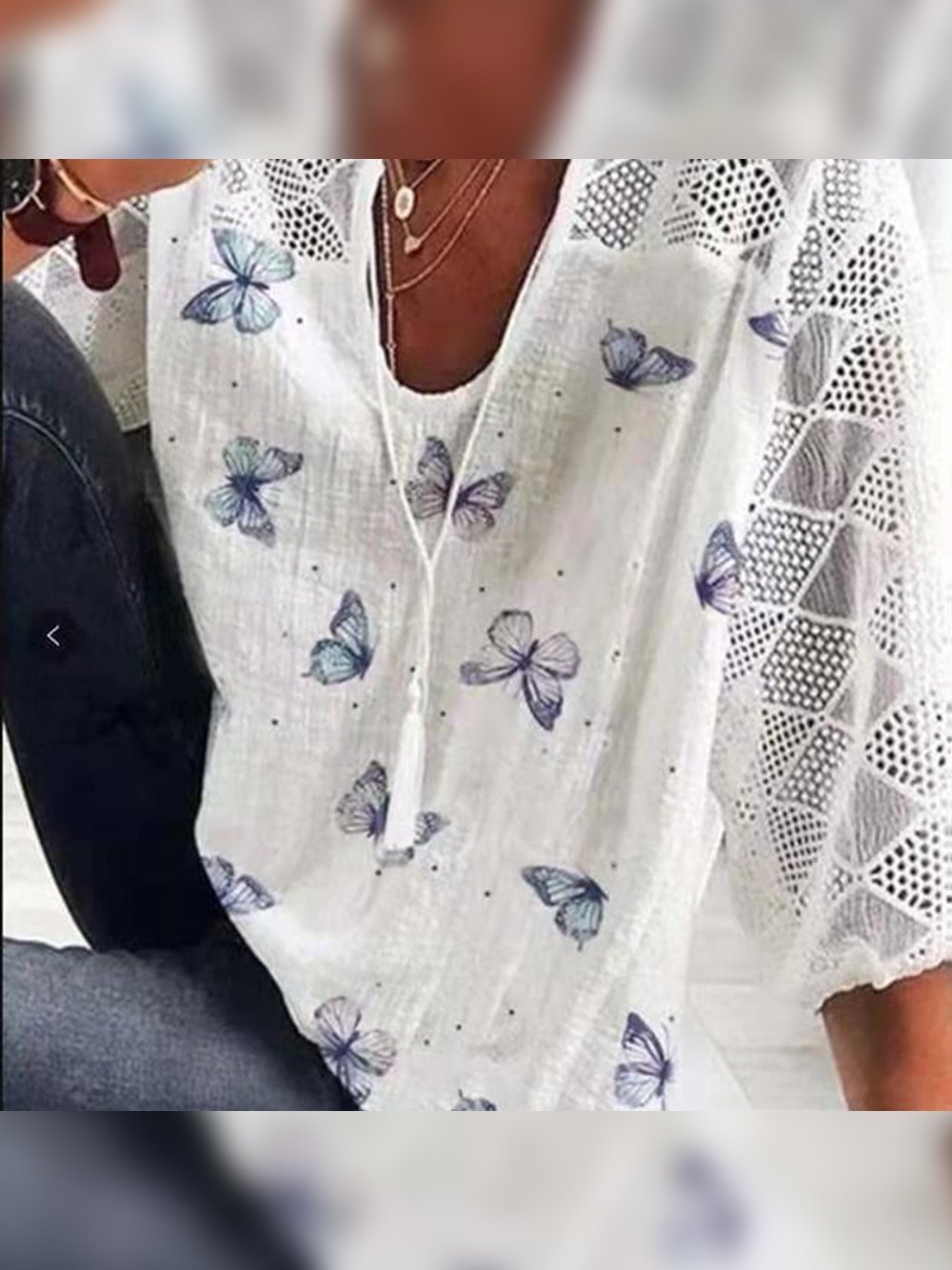 Casual Butterfly Printed Round Neck 3/4 Sleeve T-shirt - T-shirts - INS | Online Fashion Free Shipping Clothing, Dresses, Tops, Shoes - 18/05/2021 - Color_Sky Blue - Color_White
