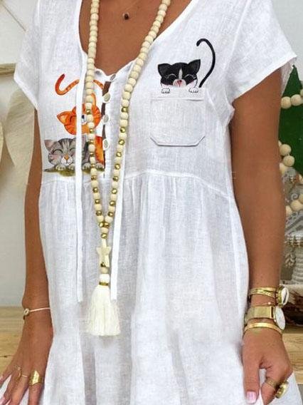 Casual Cartoon Cat Print Short Dress - Mini Dresses - INS | Online Fashion Free Shipping Clothing, Dresses, Tops, Shoes - 04/06/2021 - Color_White - DRE2106040036