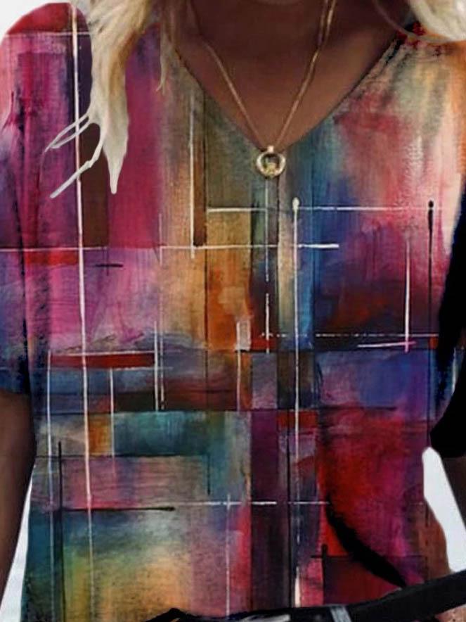 Casual Color Block Print V-neck T-shirt - T-shirts - INS | Online Fashion Free Shipping Clothing, Dresses, Tops, Shoes - 08/06/2021 - Color_Purple - Size_2XL