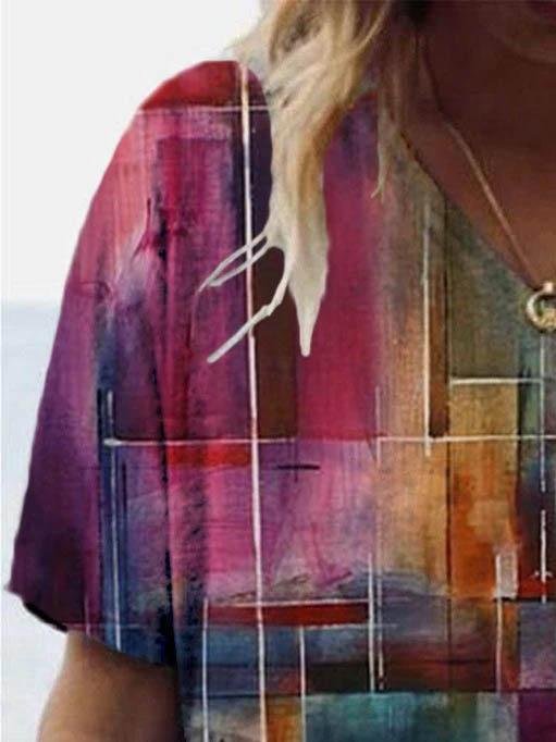 Casual Color Block Print V-neck T-shirt - T-shirts - INS | Online Fashion Free Shipping Clothing, Dresses, Tops, Shoes - 08/06/2021 - Color_Purple - Size_2XL