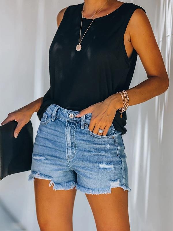 Casual Denim Shorts With Ripped Fringe Pockets - Denim Shorts - INS | Online Fashion Free Shipping Clothing, Dresses, Tops, Shoes - 21/04/2021 - Category_Denim Shorts - Color_Blue
