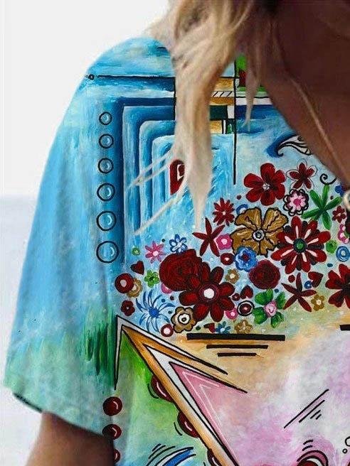 Casual Heart Print V-neck T-shirt - T-shirts - INS | Online Fashion Free Shipping Clothing, Dresses, Tops, Shoes - 08/06/2021 - Color_Blue - Color_Yellow